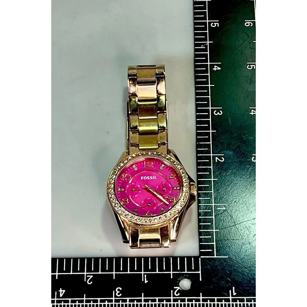 FOSSIL Women’s Gold Tone Crystal Bezel Pink Dial Watch ES3071